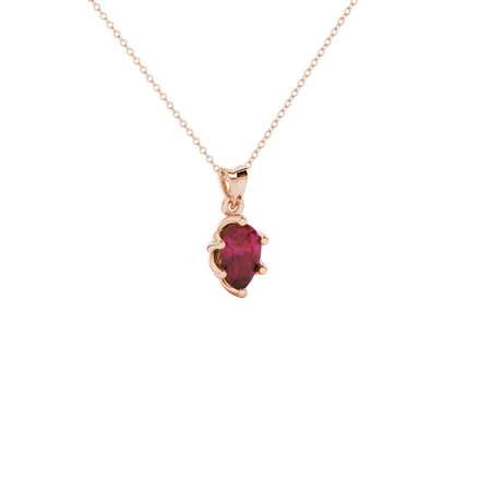 Close-up, pear shape raspberry red gemstone pendant, rose gold scalloped setting.