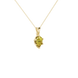 Close-up, pear shape canary yellow gemstone, yellow gold scalloped pendant.