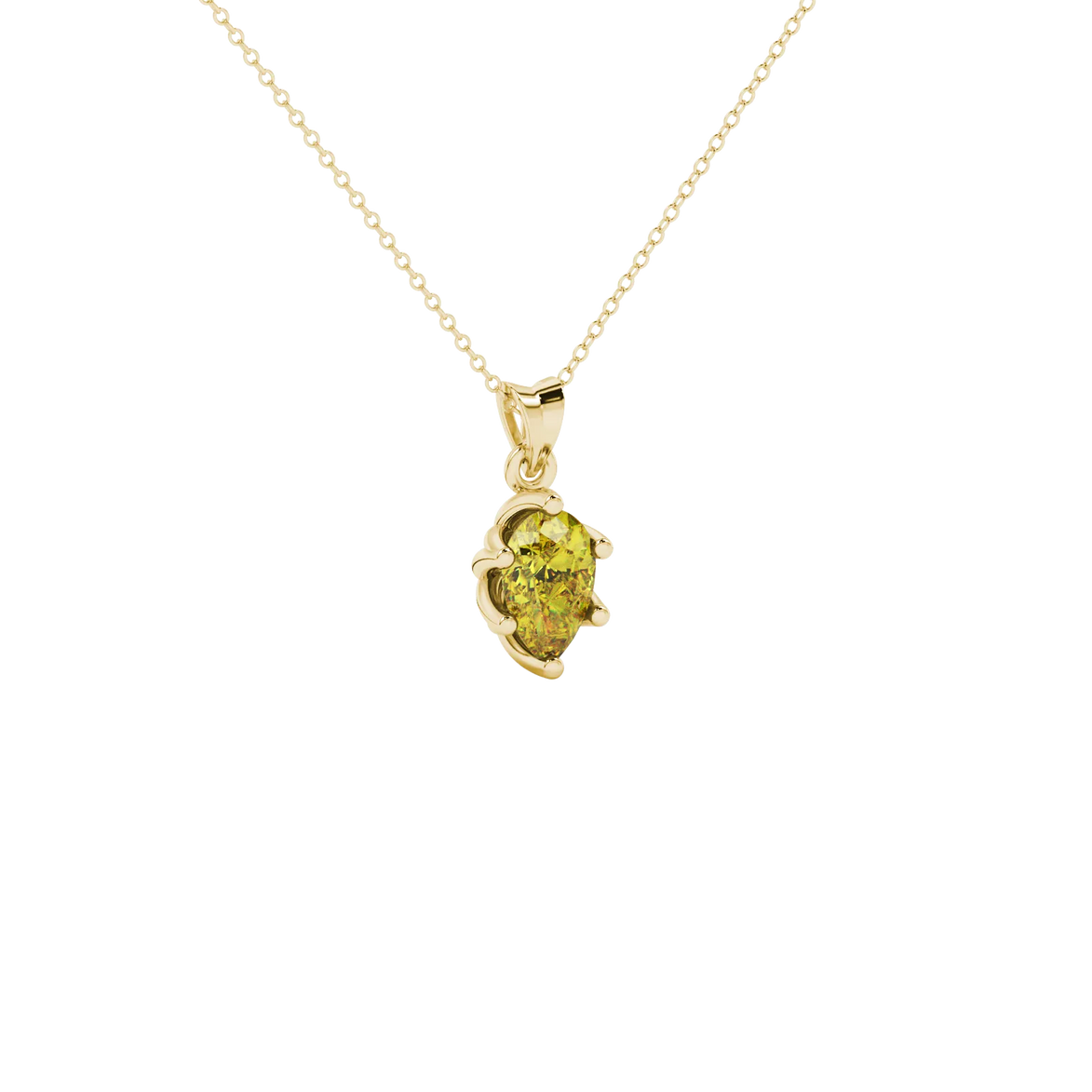 Close-up, pear shape canary yellow gemstone, yellow gold scalloped pendant.