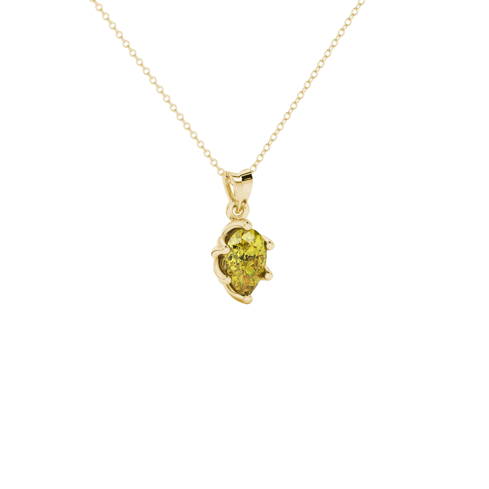 Close-up, pear shape canary yellow gemstone, yellow gold scalloped pendant.
