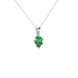Close-up emerald green gemstone, white gold scalloped setting.