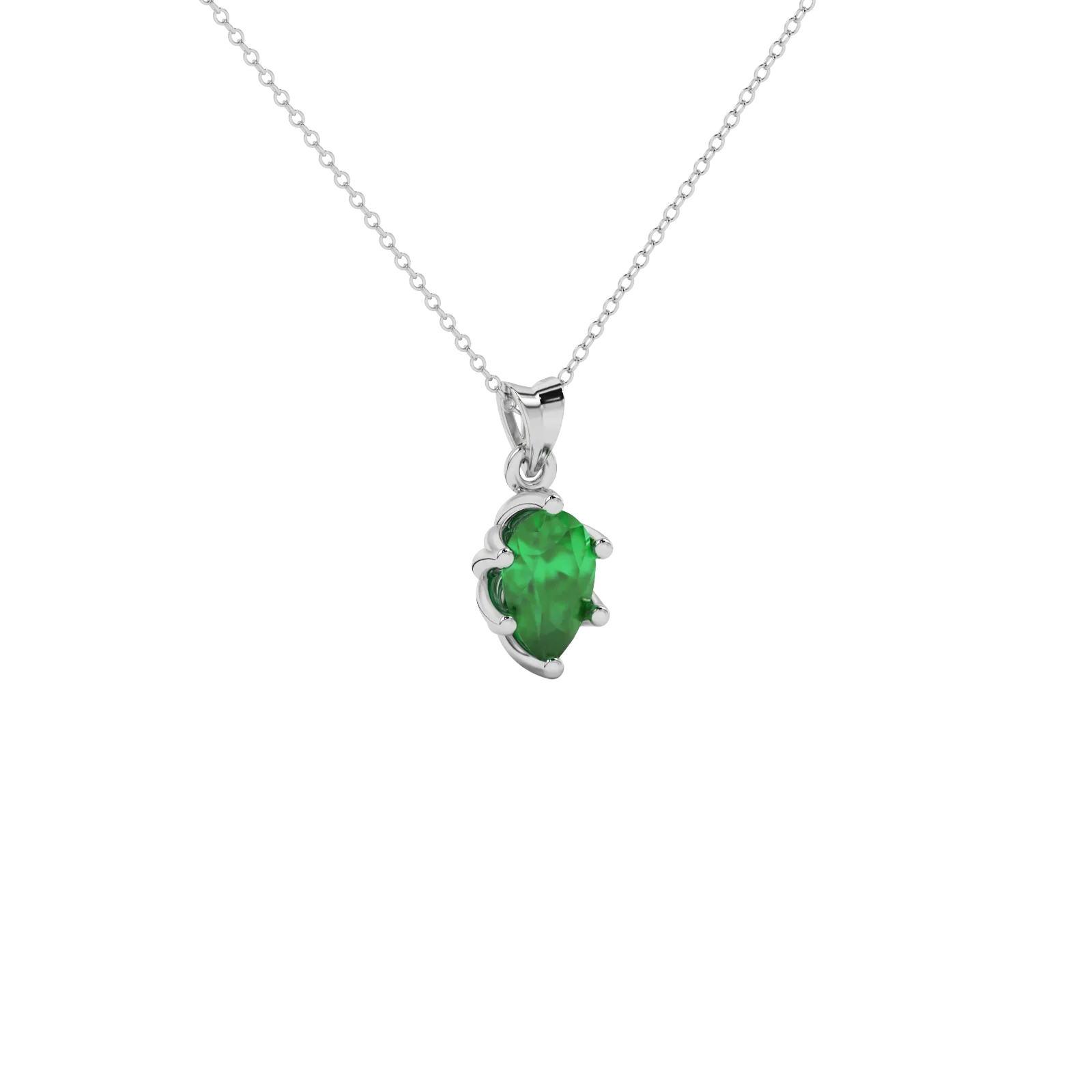 Close-up emerald green gemstone, white gold scalloped setting.