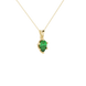 Close-up, pear shape emerald green gemstone, yellow gold scalloped pendant.