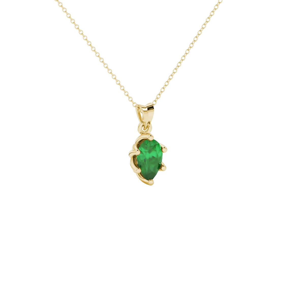 Close-up, pear shape emerald green gemstone, yellow gold scalloped pendant.