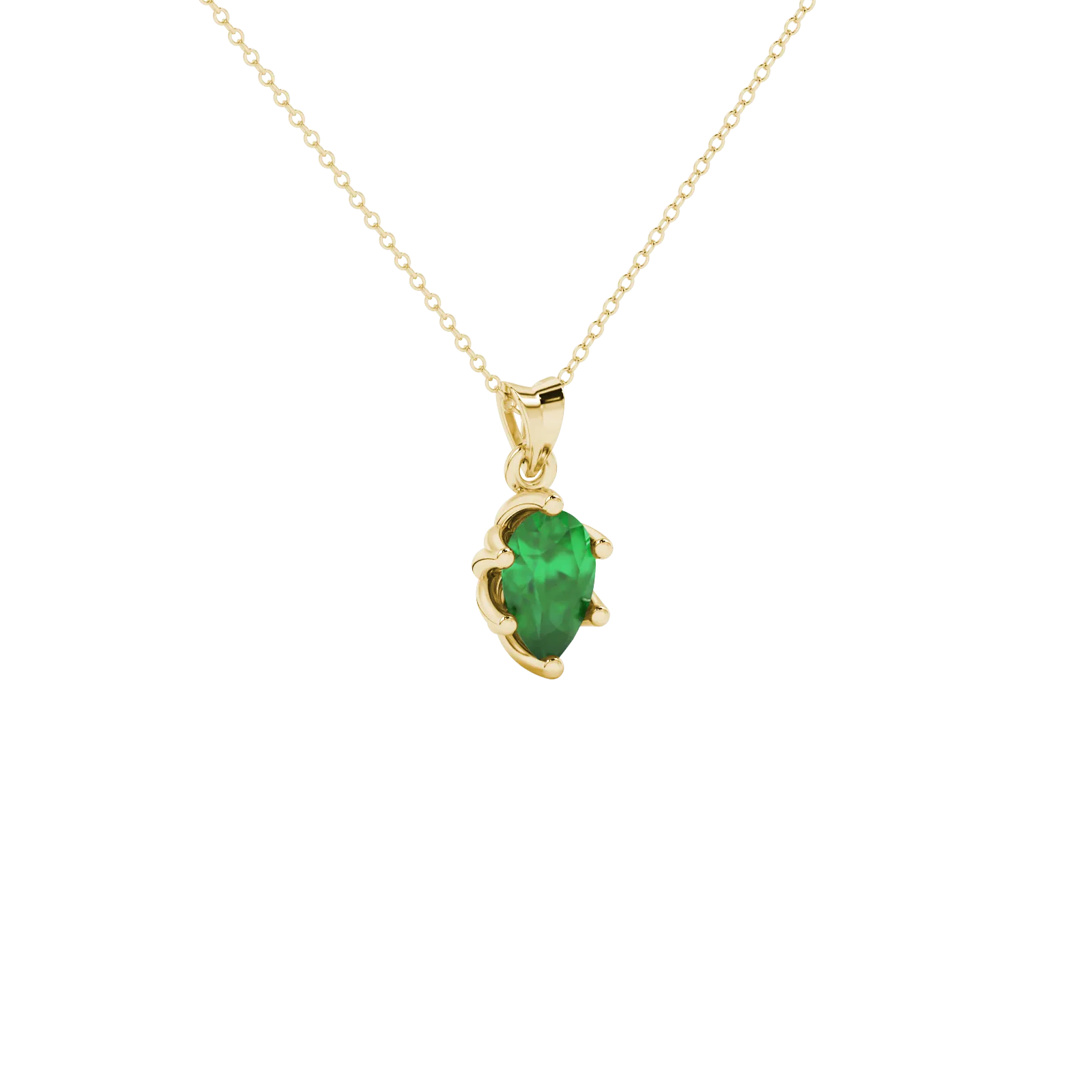 Close-up, pear shape emerald green gemstone, yellow gold scalloped pendant.
