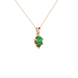 Close-up, pear shape emerald green gemstone pendant, rose gold scalloped setting.