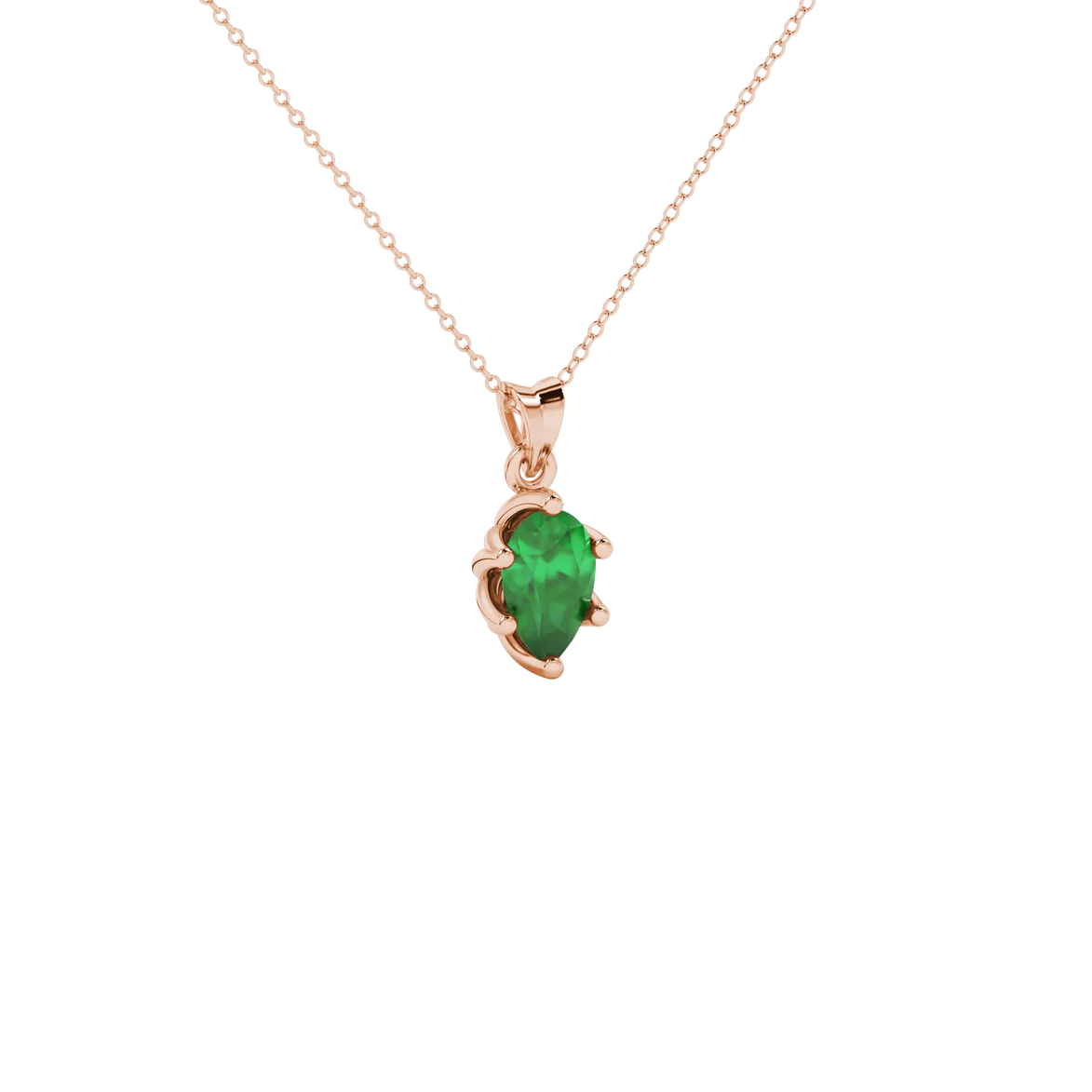 Close-up, pear shape emerald green gemstone pendant, rose gold scalloped setting.