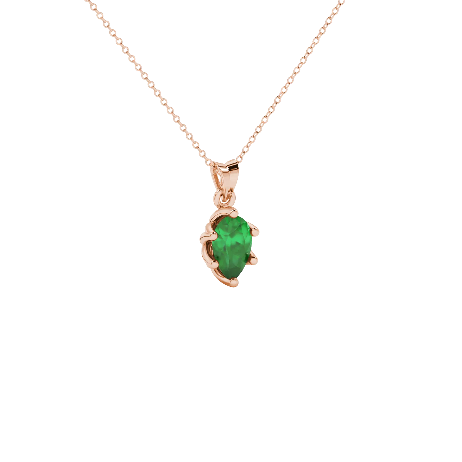 Close-up, pear shape emerald green gemstone pendant, rose gold scalloped setting.