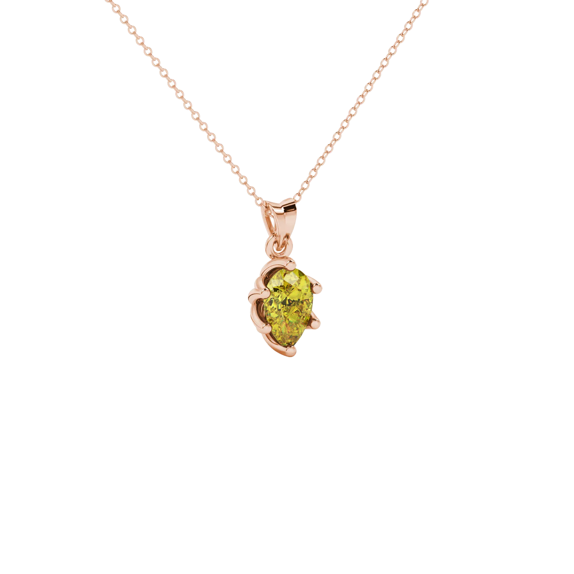 Close-up, pear shape canary yellow gemstone pendant, rose gold scalloped setting.