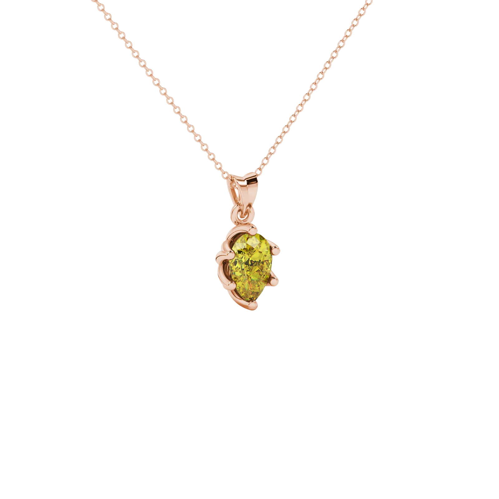 Close-up, pear shape canary yellow gemstone pendant, rose gold scalloped setting.