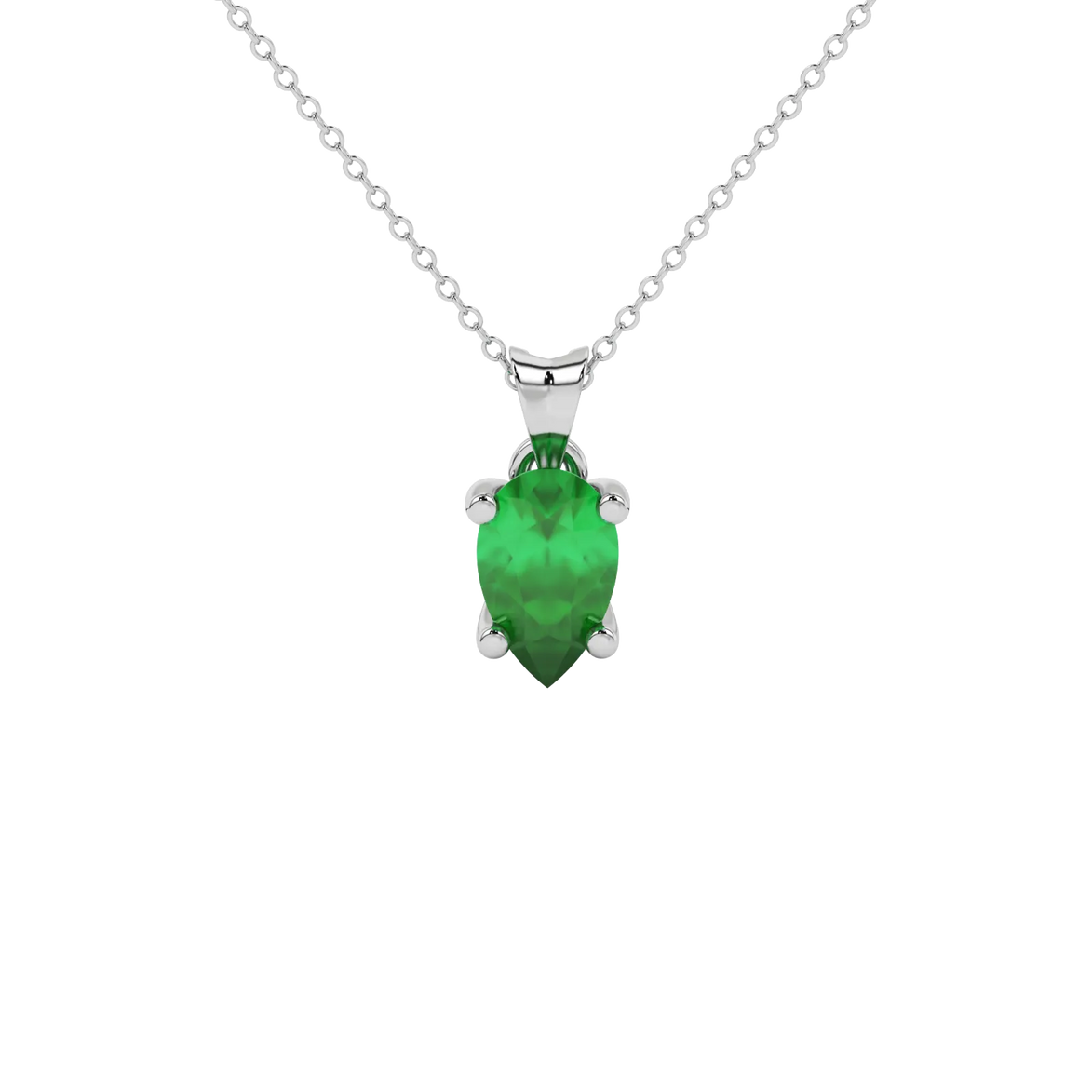 Pear shape emerald green gemstone pendant, white gold surprise diamond setting.