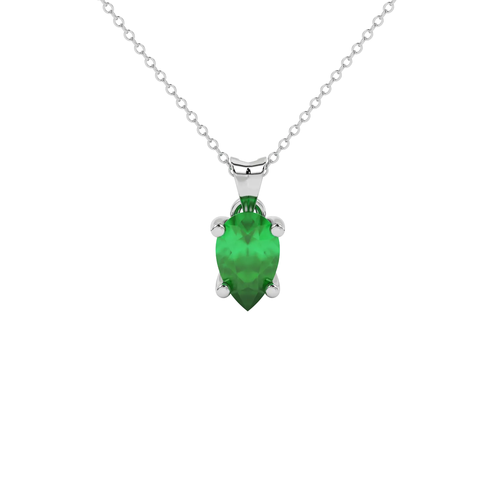 Pear shape emerald green gemstone pendant, white gold surprise diamond setting.