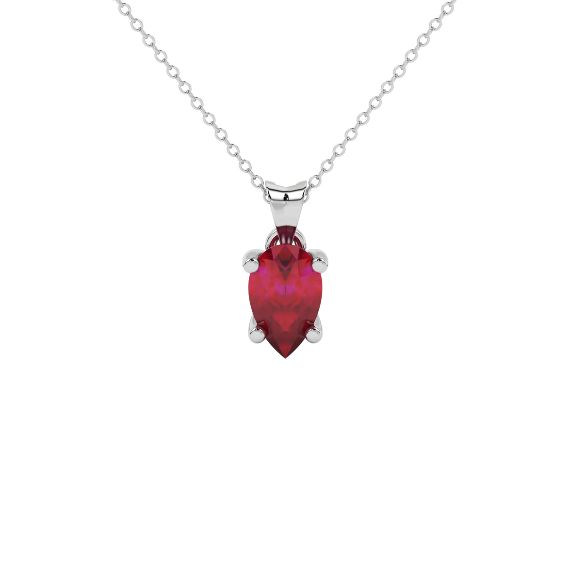Pear shape raspberry red gemstone pendant, white gold surprise diamond setting.