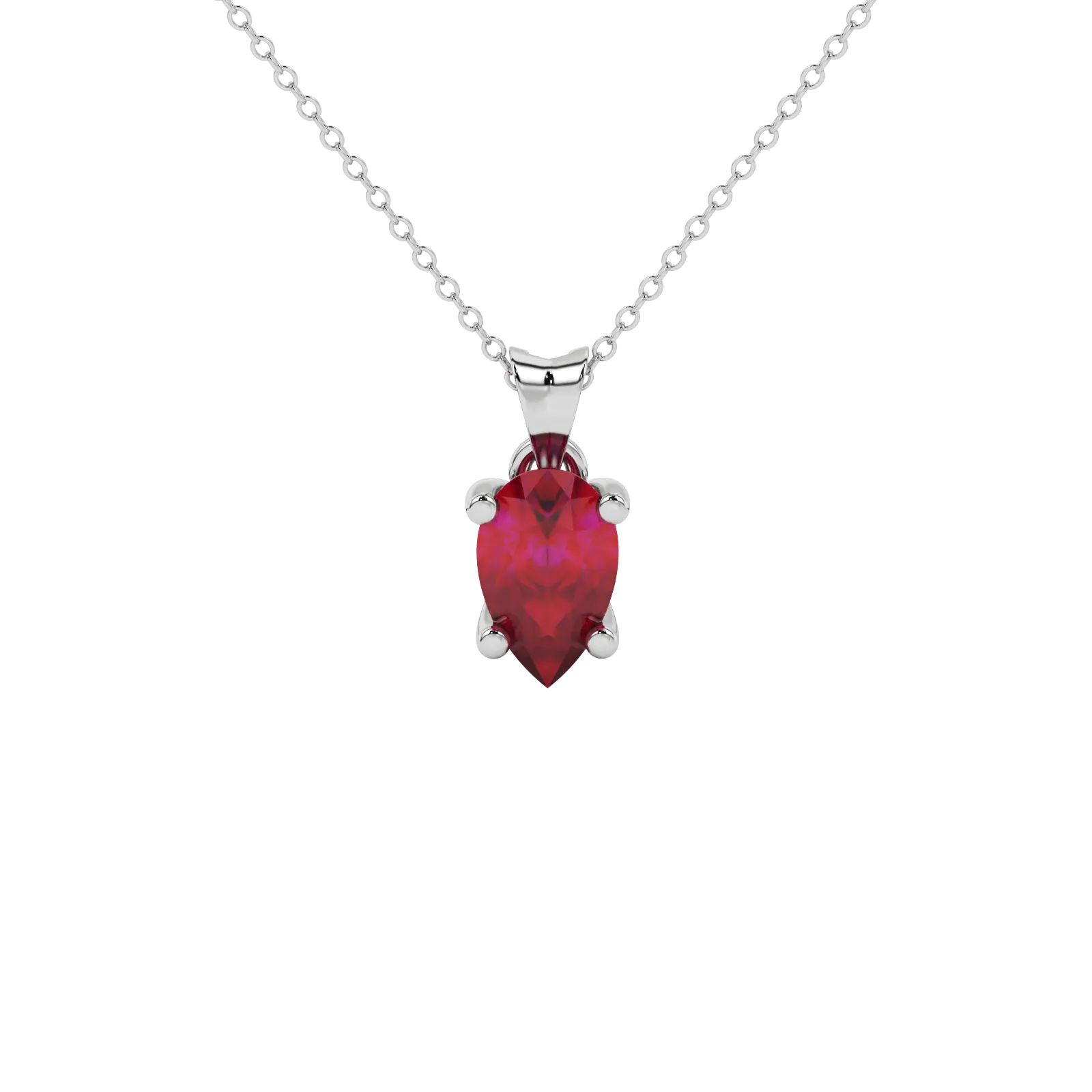 Pear shape raspberry red gemstone pendant, white gold surprise diamond setting.
