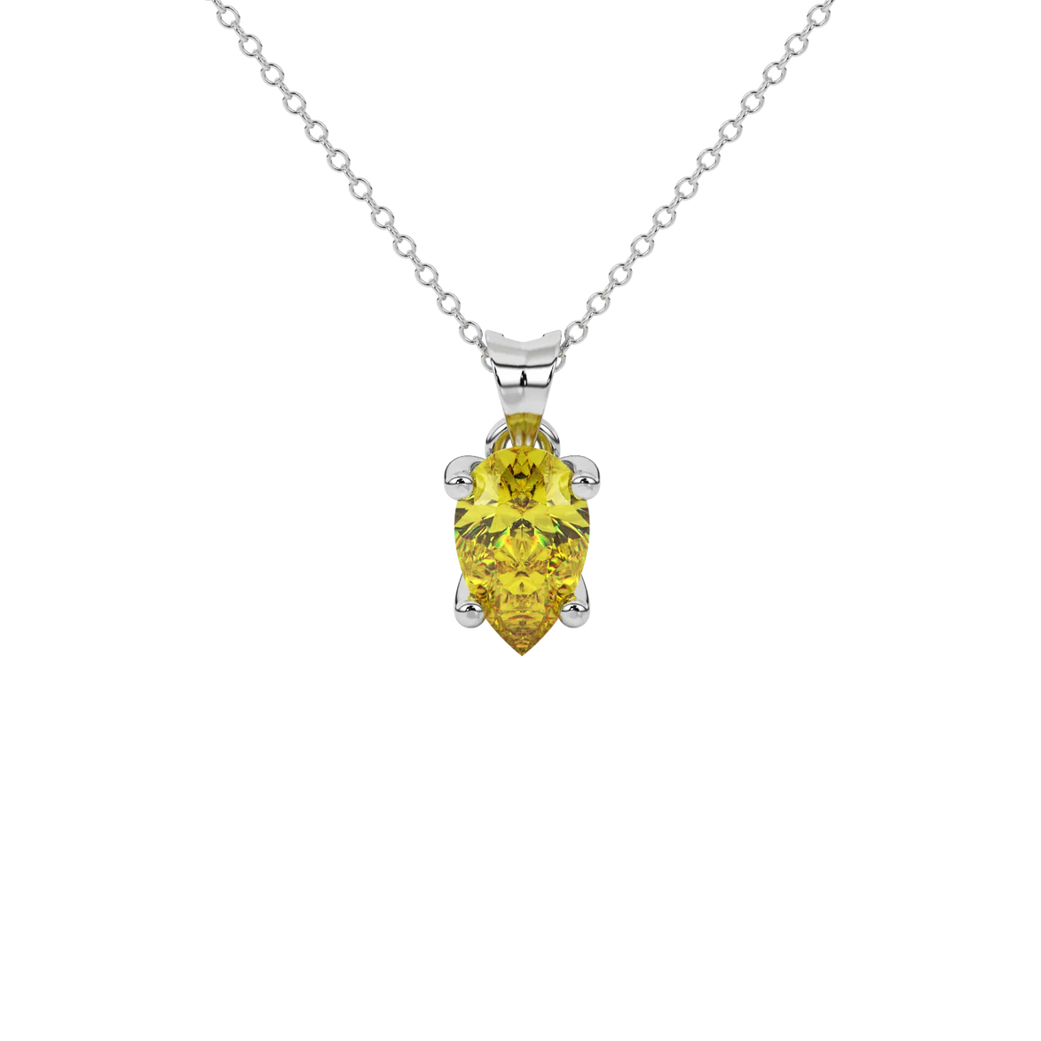 Pear shape canary yellow gemstone pendant, white gold surprise diamond setting.