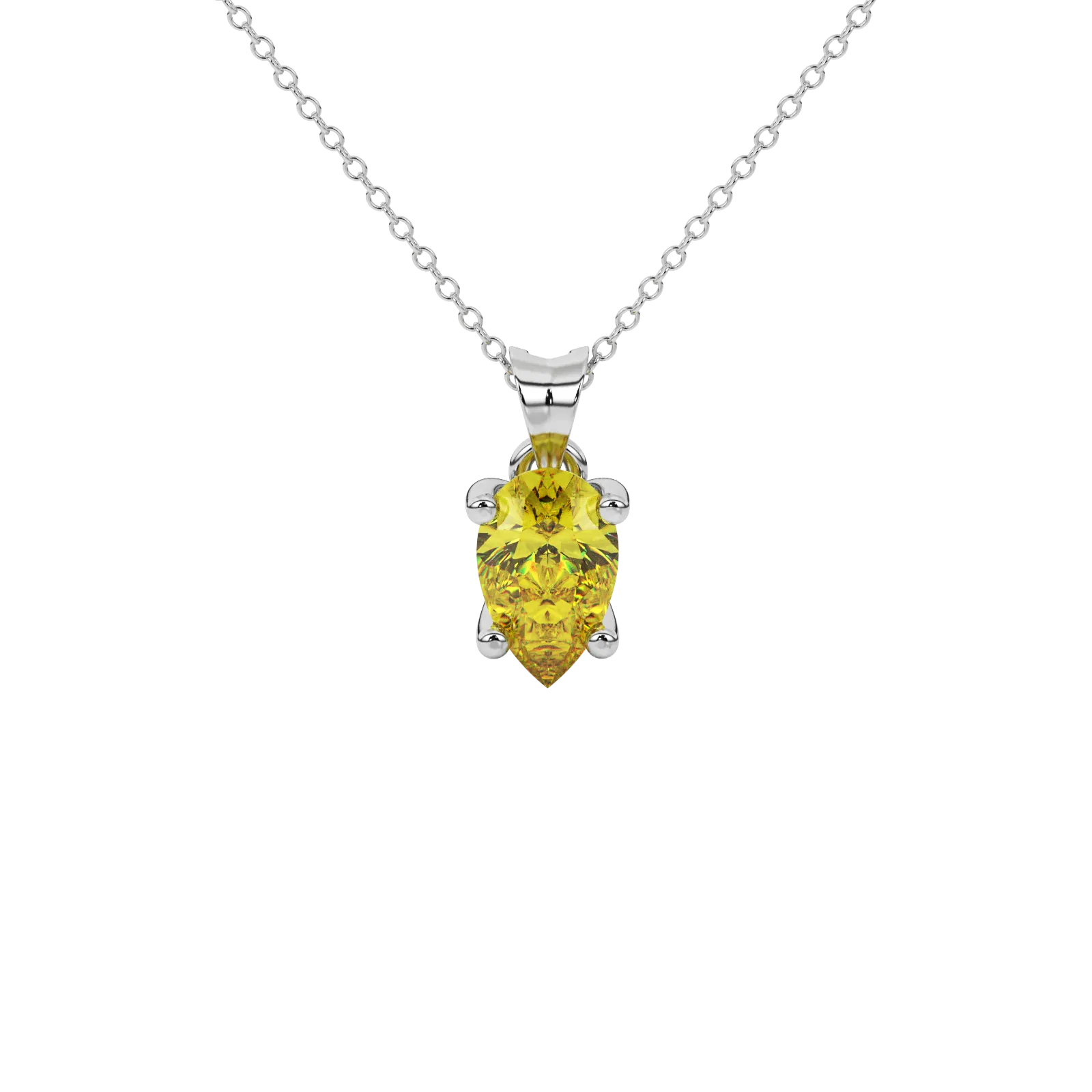 Pear shape canary yellow gemstone pendant, white gold surprise diamond setting.