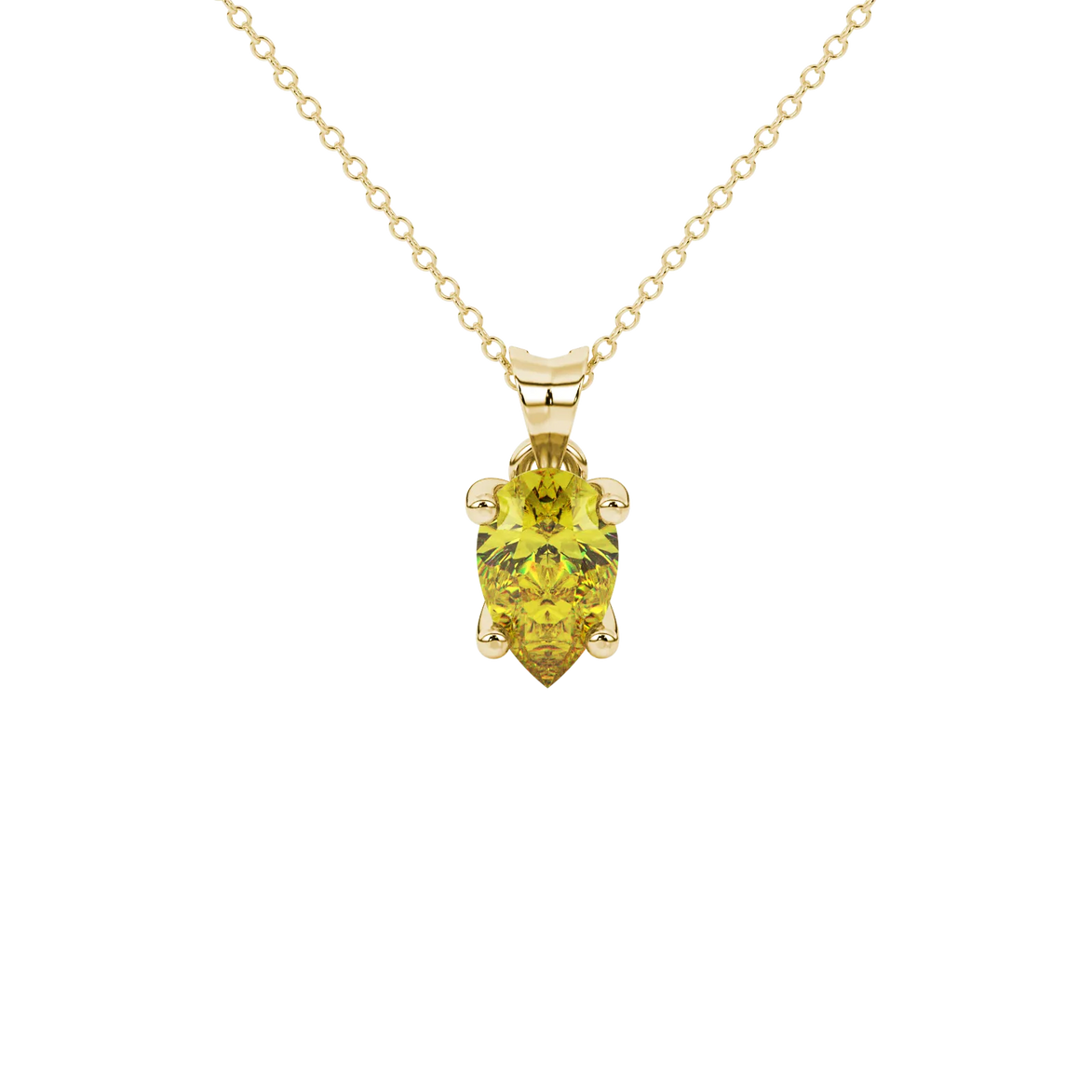 Pear shape canary yellow gemstone pendant, yellow gold surprise diamond setting.