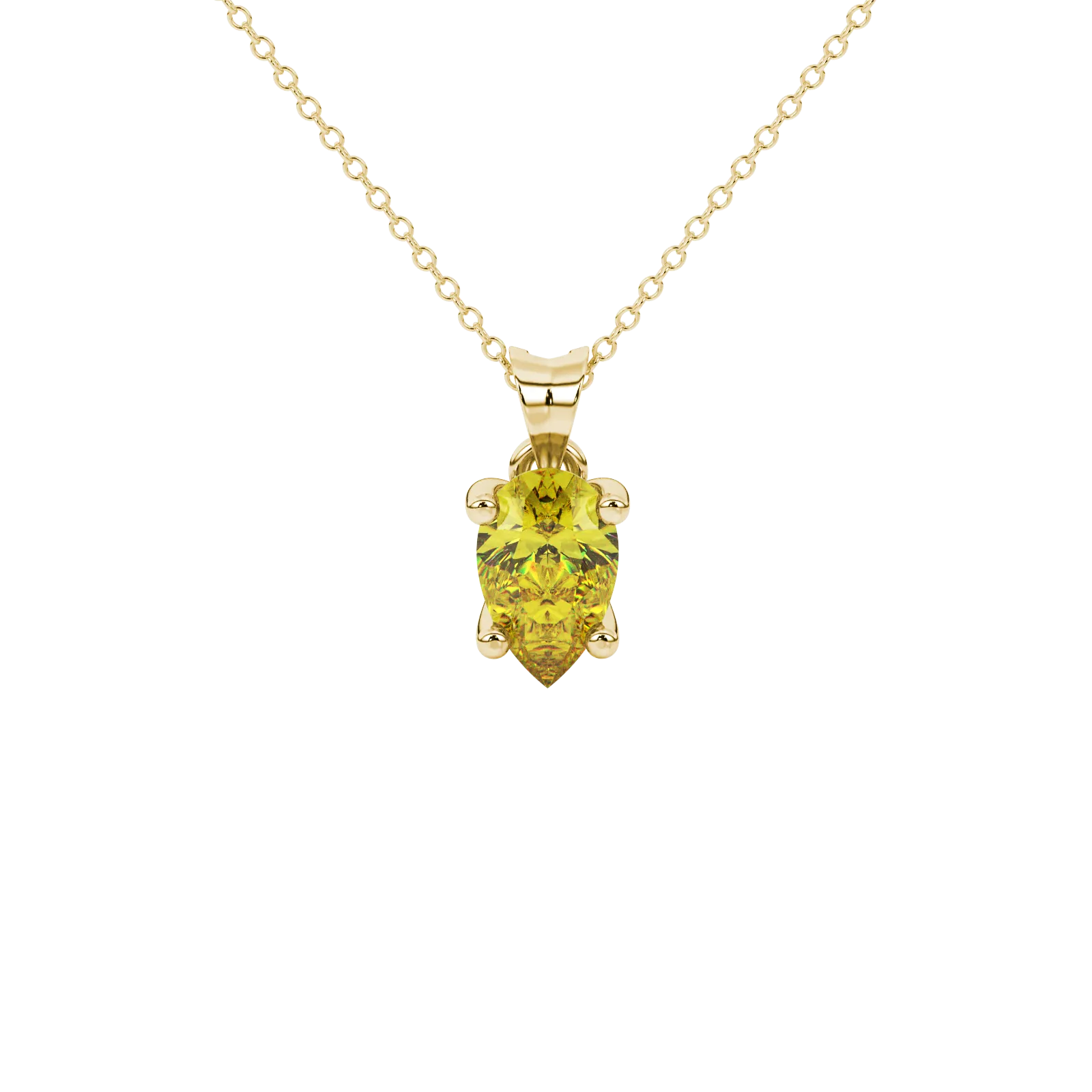 Pear shape canary yellow gemstone pendant, yellow gold surprise diamond setting.