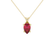 Pear shape raspberry red gemstone pendant, yellow gold surprise diamond setting.