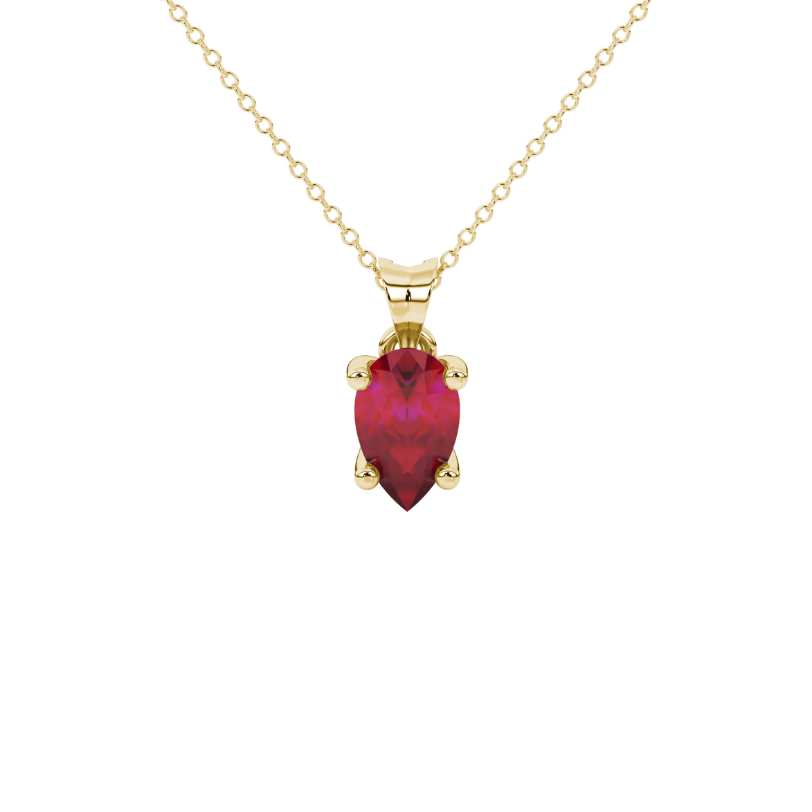 Pear shape raspberry red gemstone pendant, yellow gold surprise diamond setting.