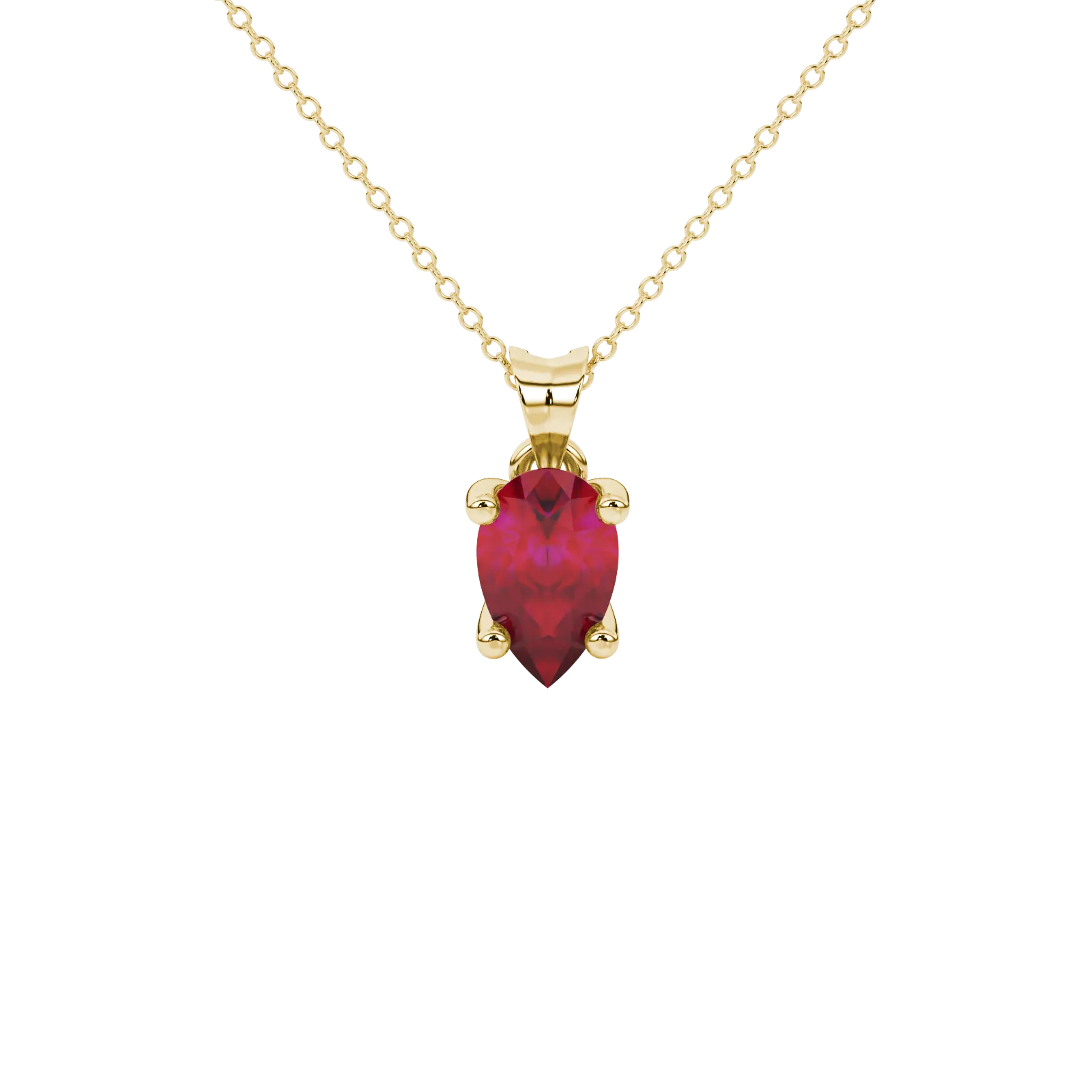 Pear shape raspberry red gemstone pendant, yellow gold surprise diamond setting.