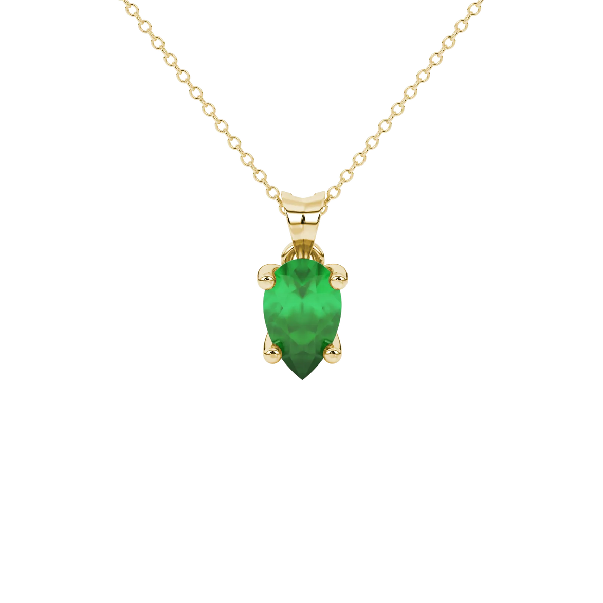 Pear shape emerald green gemstone pendant, yellow gold surprise diamond setting.