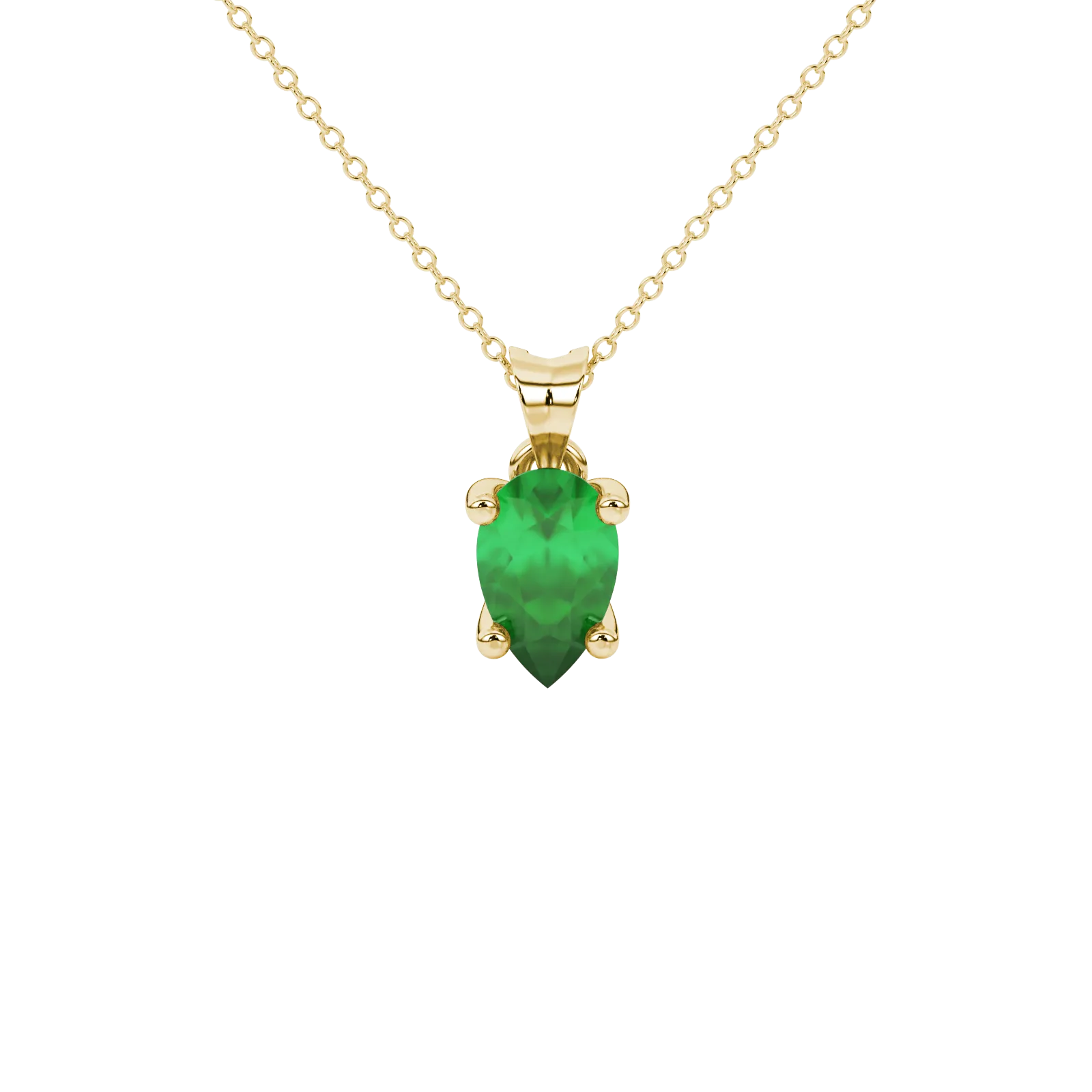 Pear shape emerald green gemstone pendant, yellow gold surprise diamond setting.