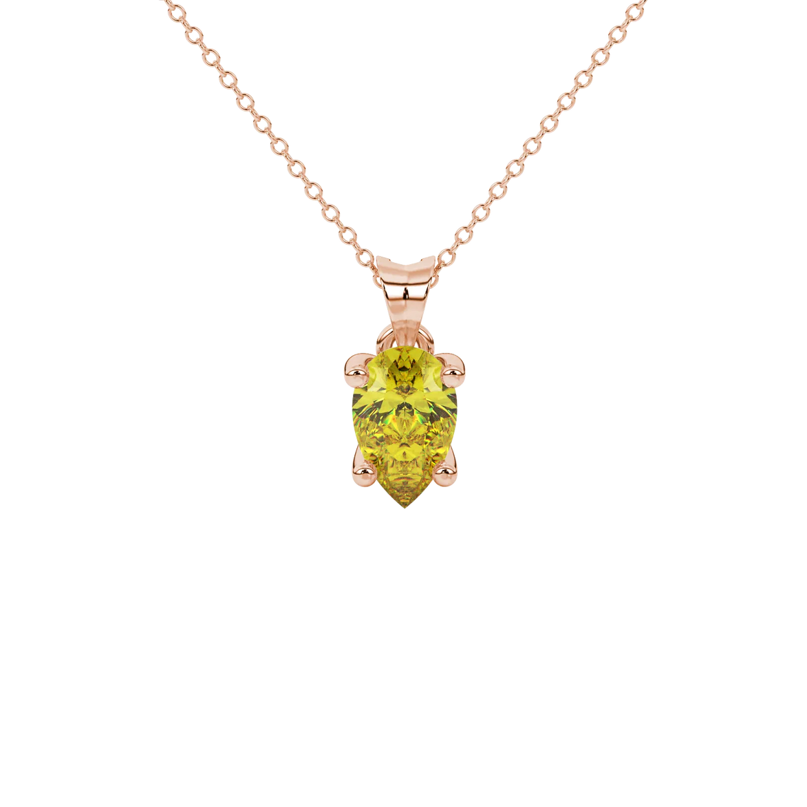 Pear shape canary yellow gemstone pendant, rose gold surprise diamond setting.