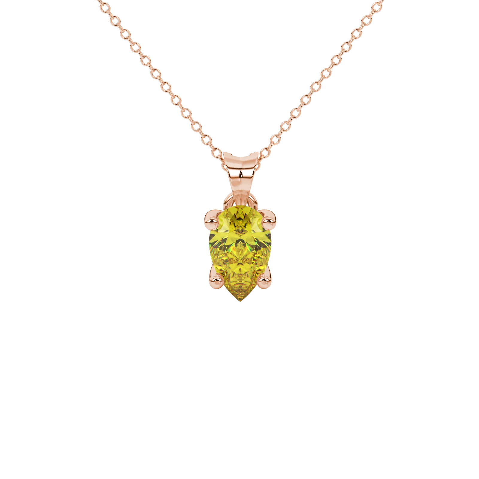 Pear shape canary yellow gemstone pendant, rose gold surprise diamond setting.