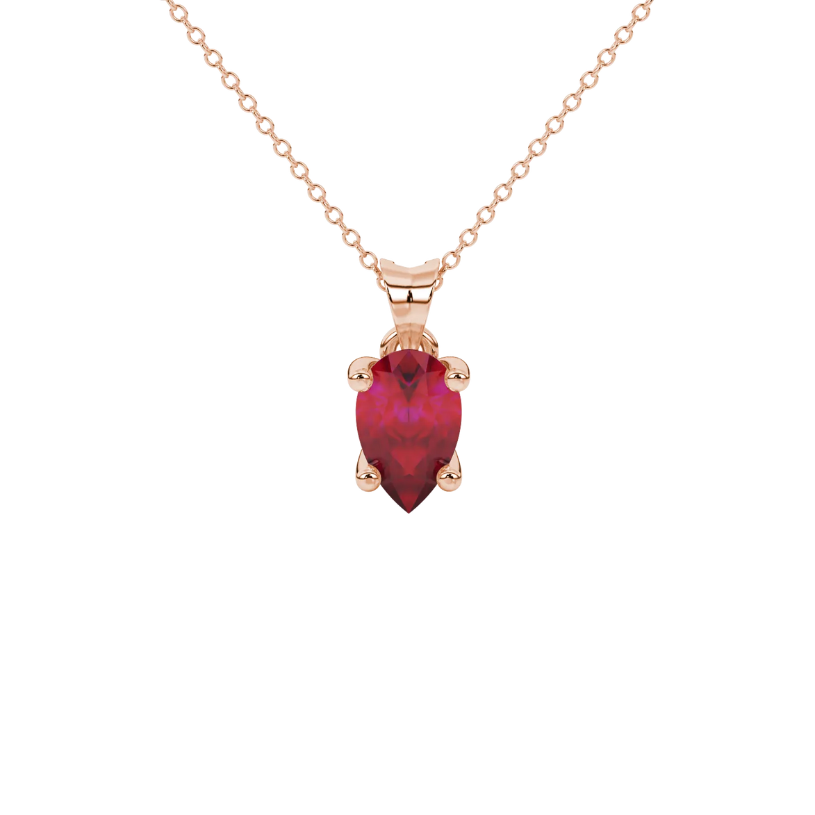 Pear shape raspberry red gemstone pendant, rose gold surprise diamond setting.