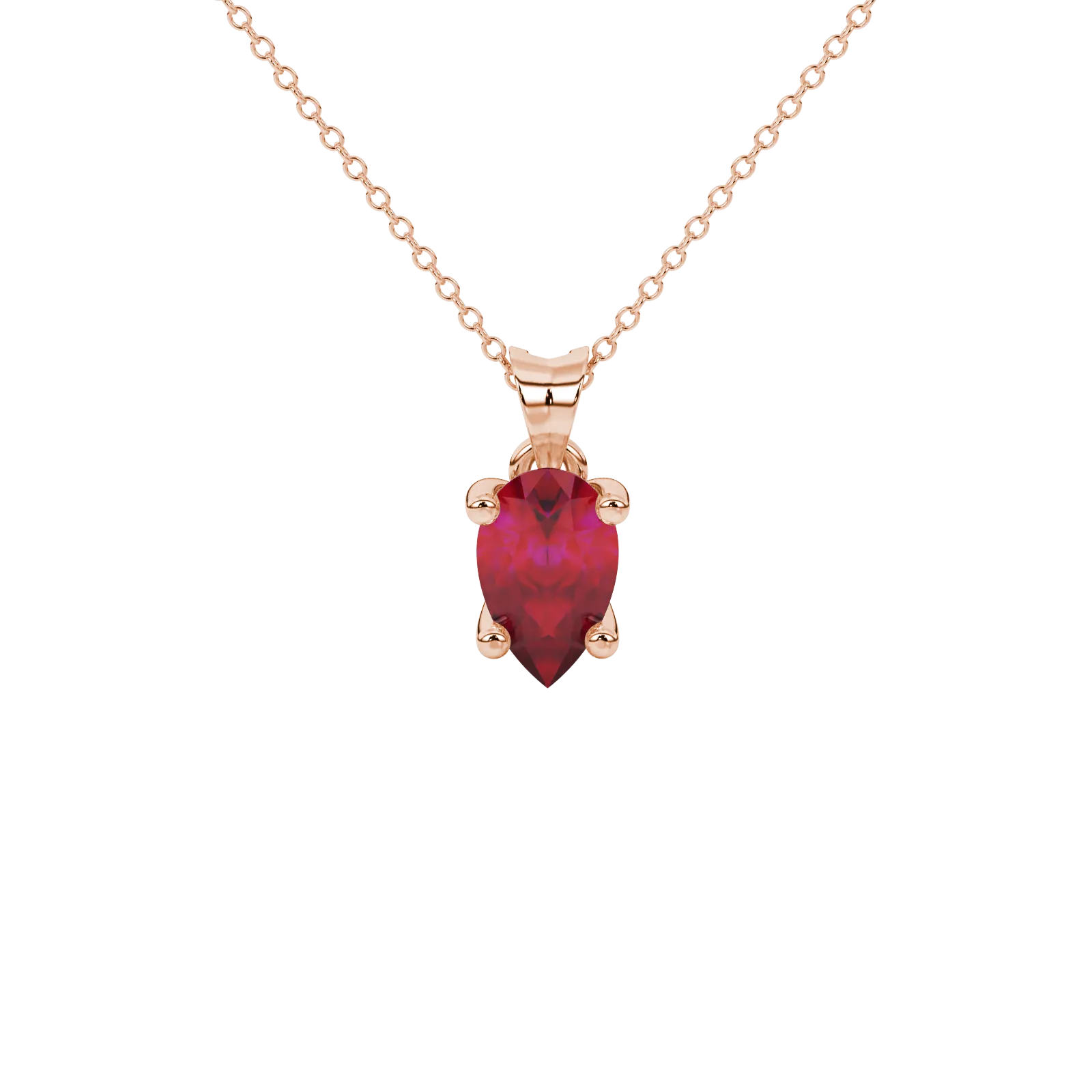 Pear shape raspberry red gemstone pendant, rose gold surprise diamond setting.