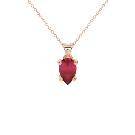 Pear shape raspberry red gemstone pendant, rose gold surprise diamond setting.