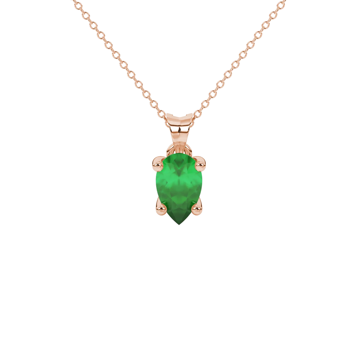 Pear shape emerald green gemstone pendant, rose gold surprise diamond setting.