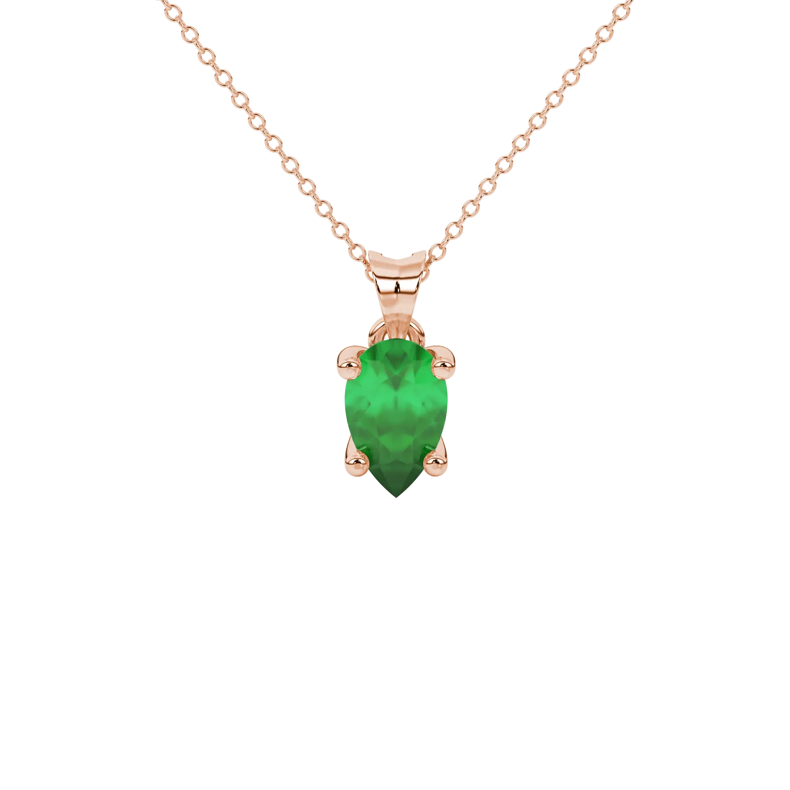 Pear shape emerald green gemstone pendant, rose gold surprise diamond setting.