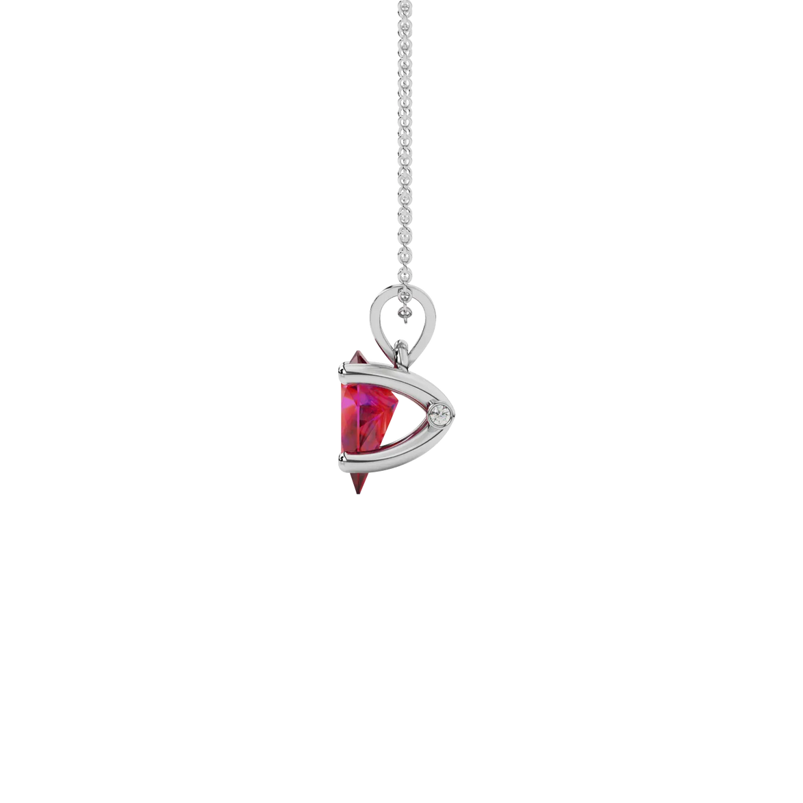Side profile, white gold raspberry red pendant, surprise diamond gallery.