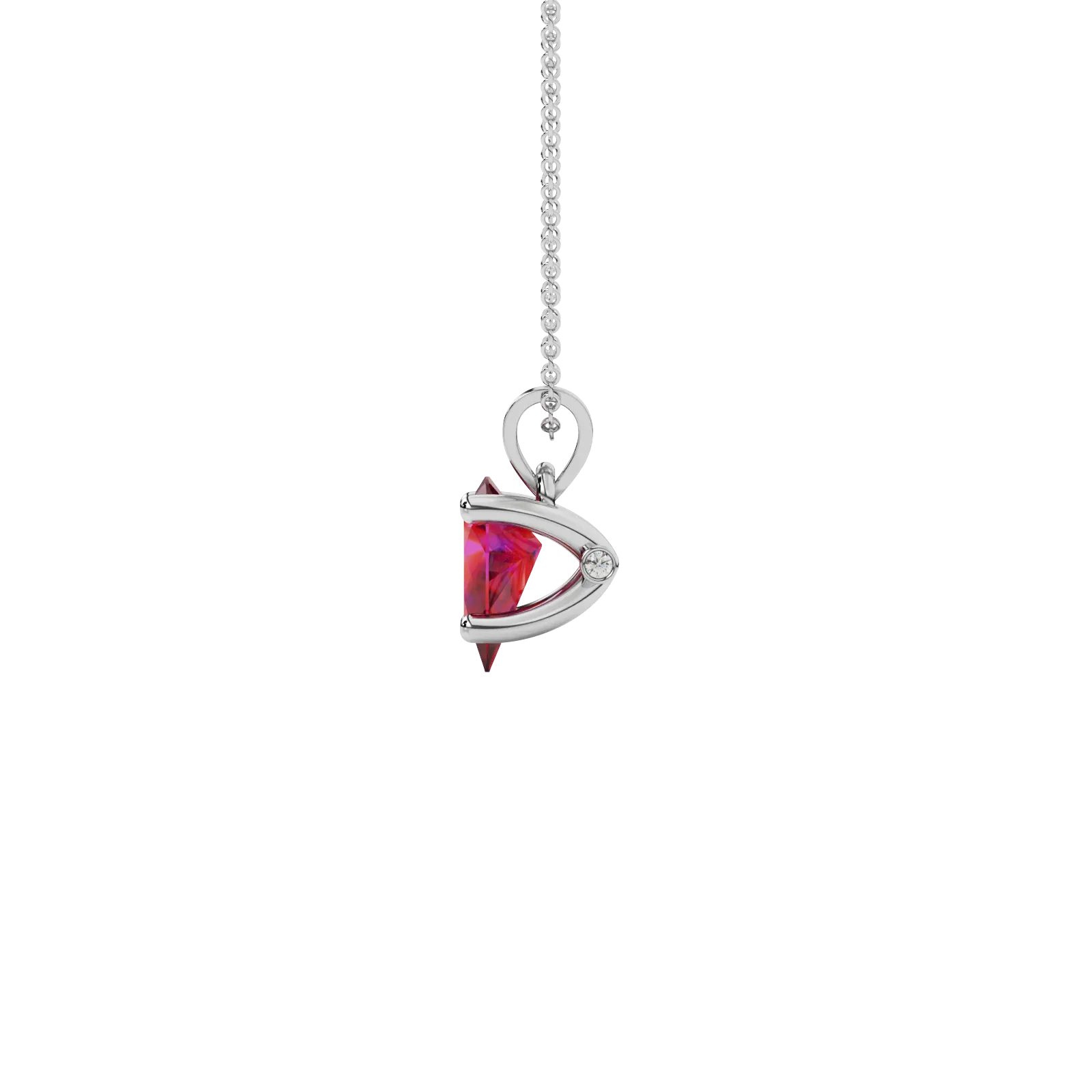 Side profile, white gold raspberry red pendant, surprise diamond gallery.