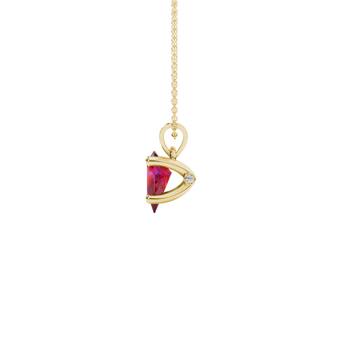 Side profile, yellow gold raspberry red pendant, surprise diamond gallery.