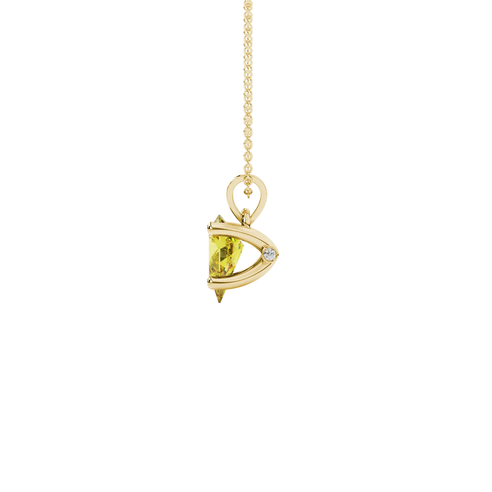 Side profile, yellow gold canary yellow pendant, surprise diamond gallery.