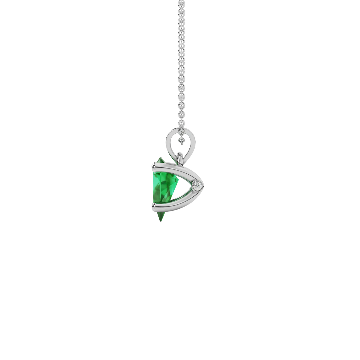 Side profile, white gold emerald green pendant, surprise diamond gallery.