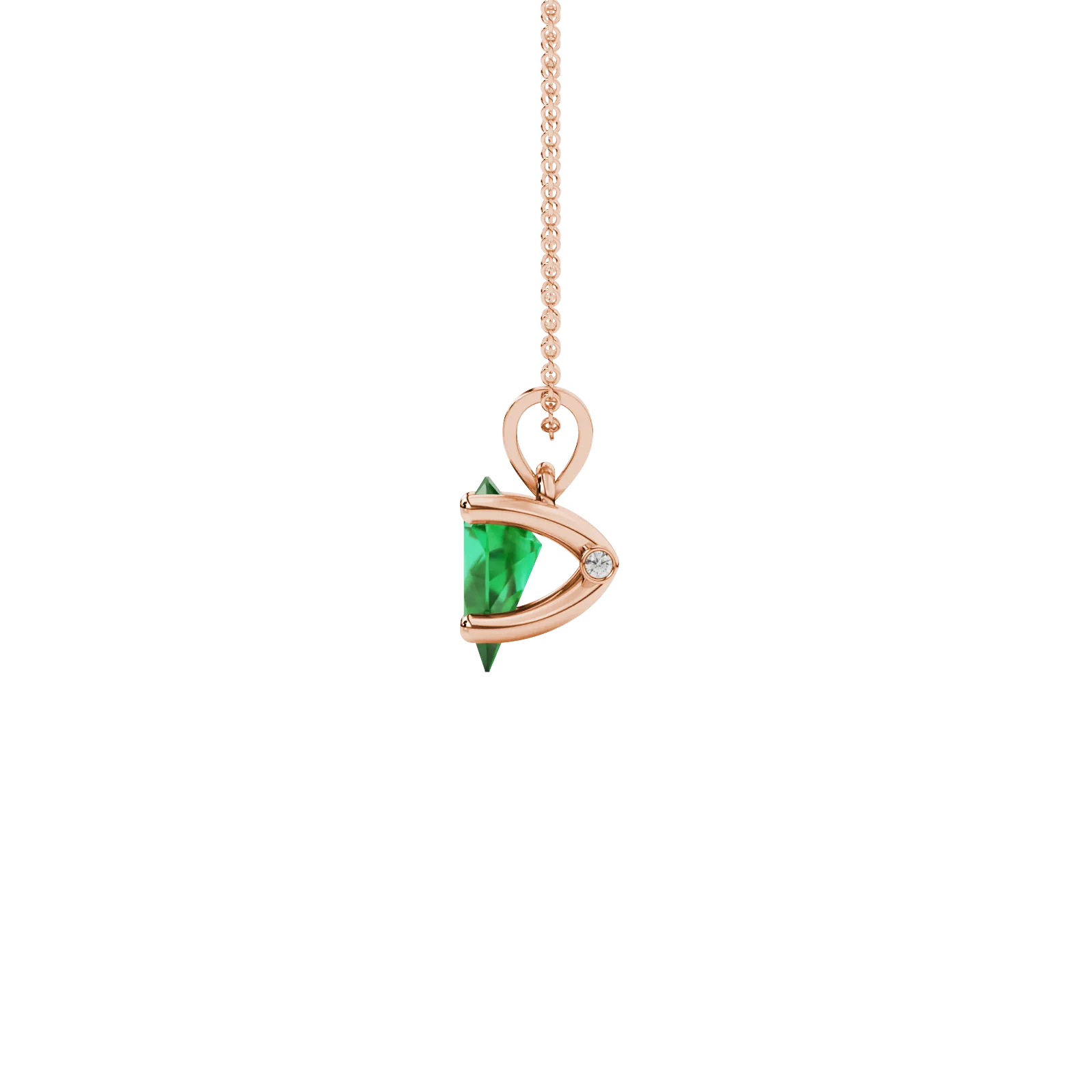 Side profile, rose gold emerald green pendant, surprise diamond gallery.