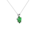 Close-up emerald green gemstone pendant, white gold surprise diamond setting.