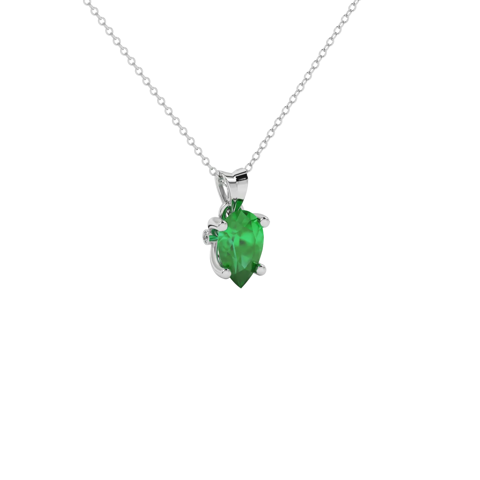 Close-up emerald green gemstone pendant, white gold surprise diamond setting.