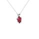 Close-up raspberry red gemstone pendant, white gold surprise diamond setting.