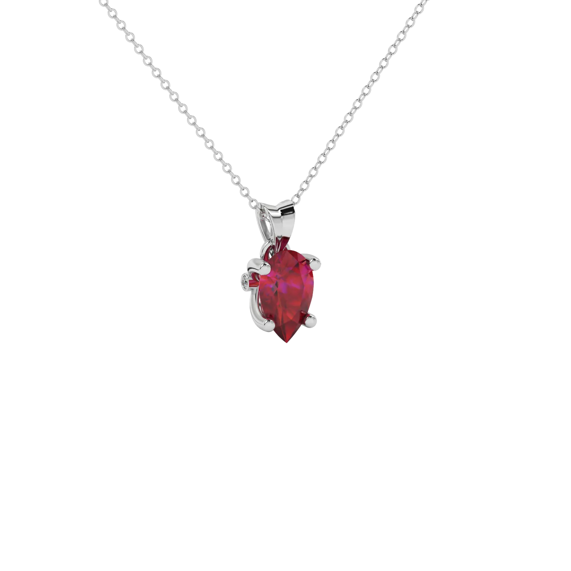 Close-up raspberry red gemstone pendant, white gold surprise diamond setting.