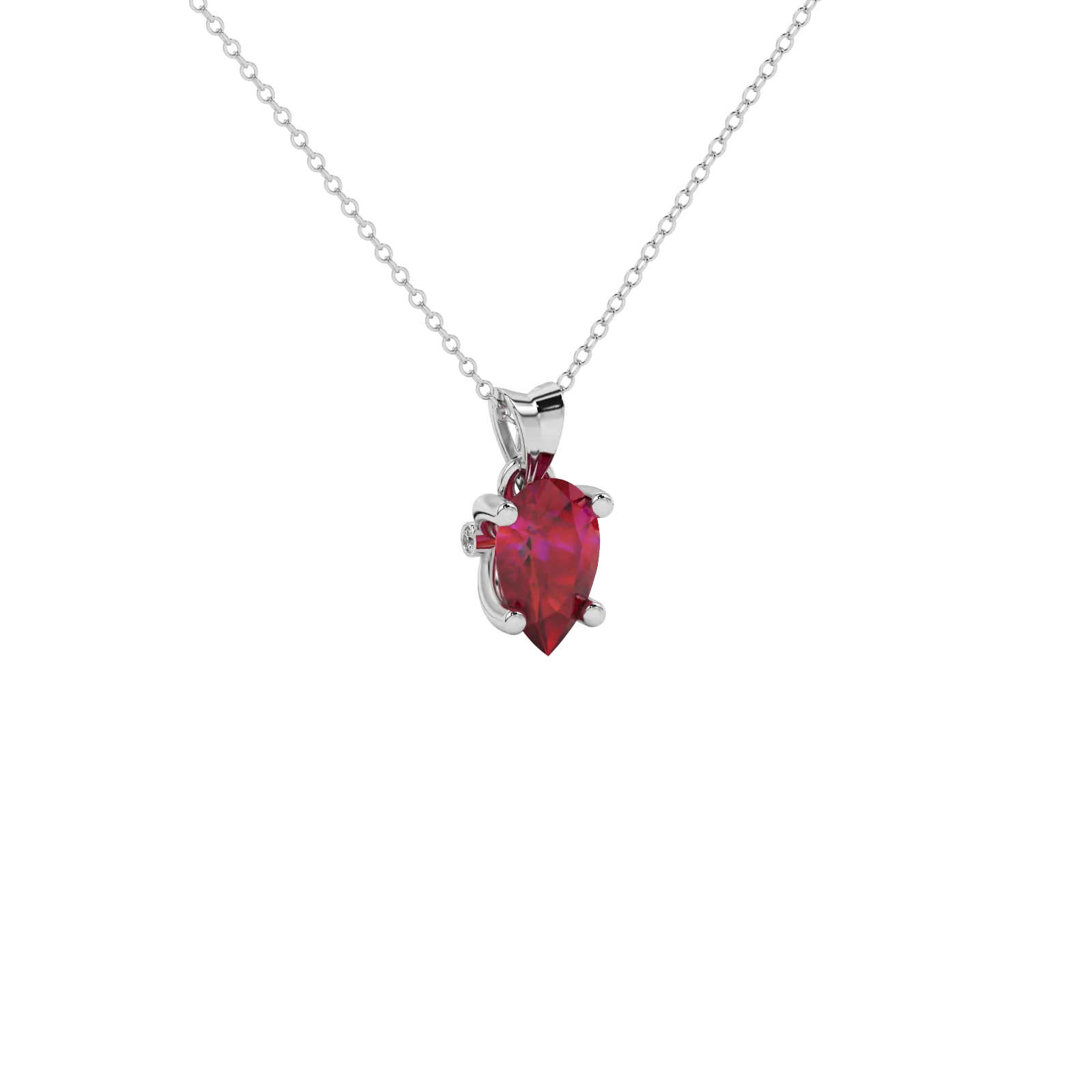 Close-up raspberry red gemstone pendant, white gold surprise diamond setting.