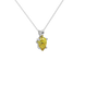 Close-up canary yellow gemstone pendant, white gold surprise diamond setting.