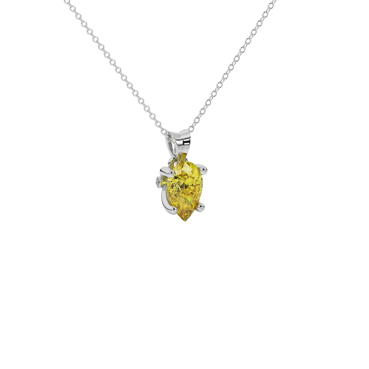 Close-up canary yellow gemstone pendant, white gold surprise diamond setting.