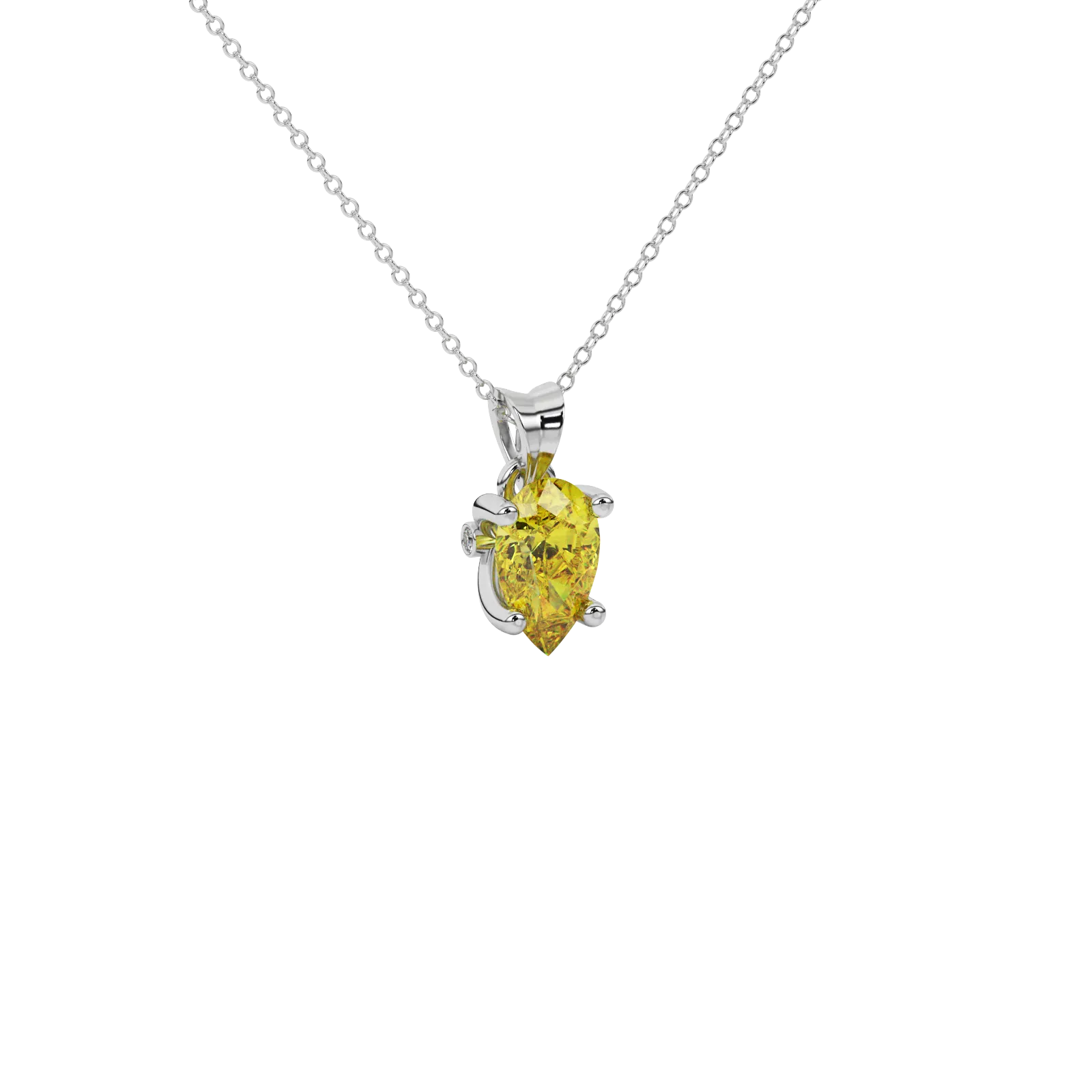 Close-up canary yellow gemstone pendant, white gold surprise diamond setting.