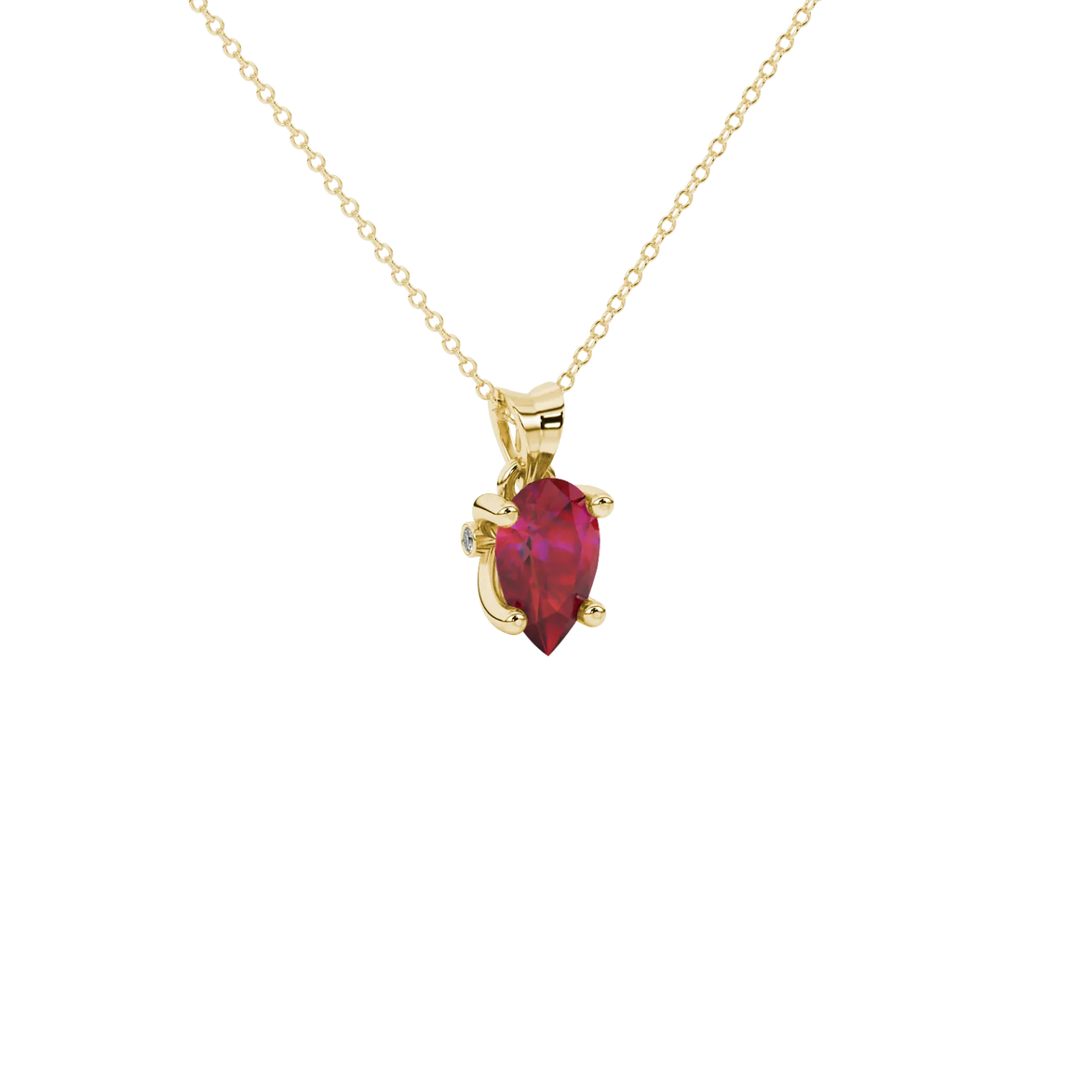 Close-up, pear shape raspberry red gemstone, yellow gold surprise diamond pendant.
