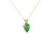 Close-up, pear shape emerald green gemstone, yellow gold surprise diamond pendant.
